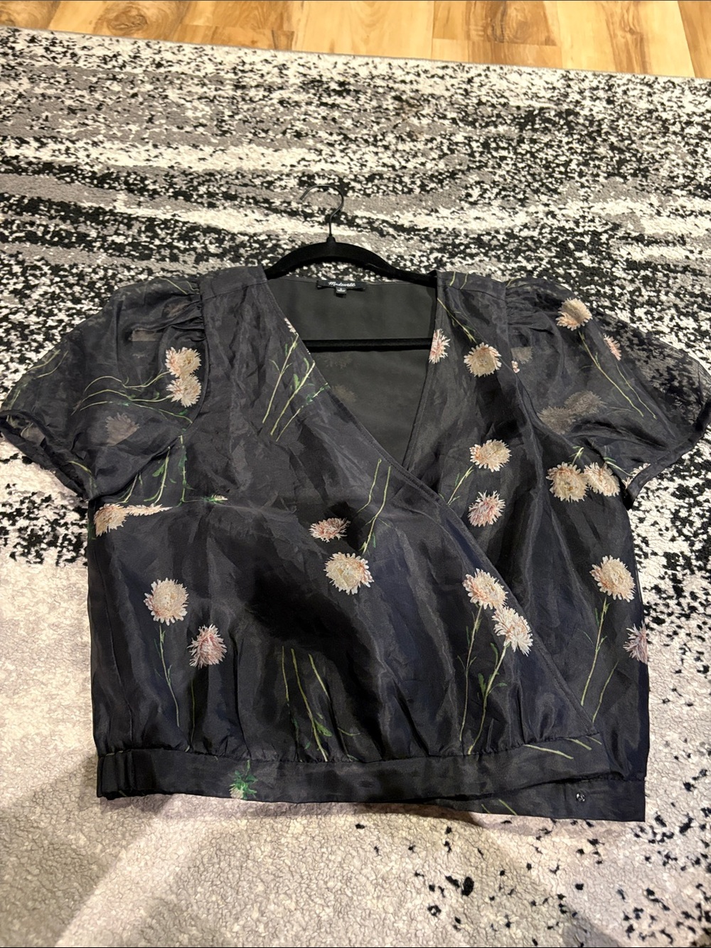Madewell Black Floral Wrap-Style Short Sleeve Blouse